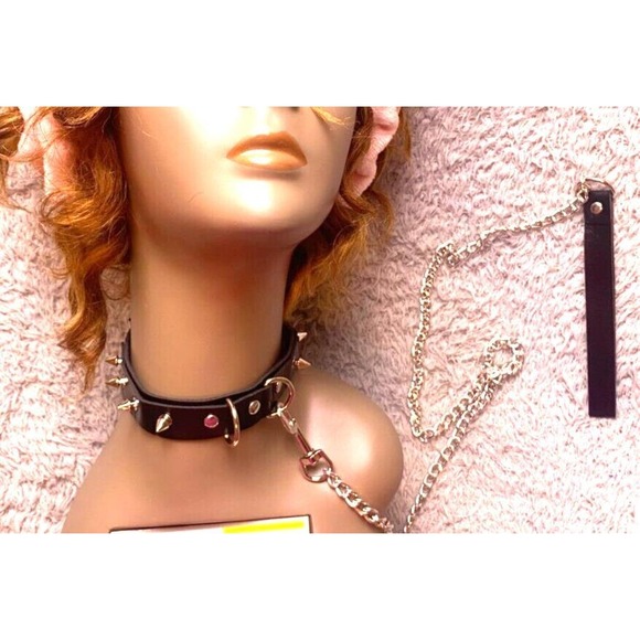 Choker‎ Collar w/ Chain Leash Rivet Studded PU Leather Goth Punk Bondage NEW - Picture 1 of 7